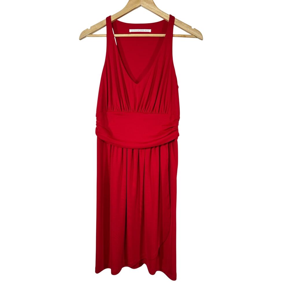 SUSANA MONACO rouched waist v neck sleeveless dress, womans M Red cherry
